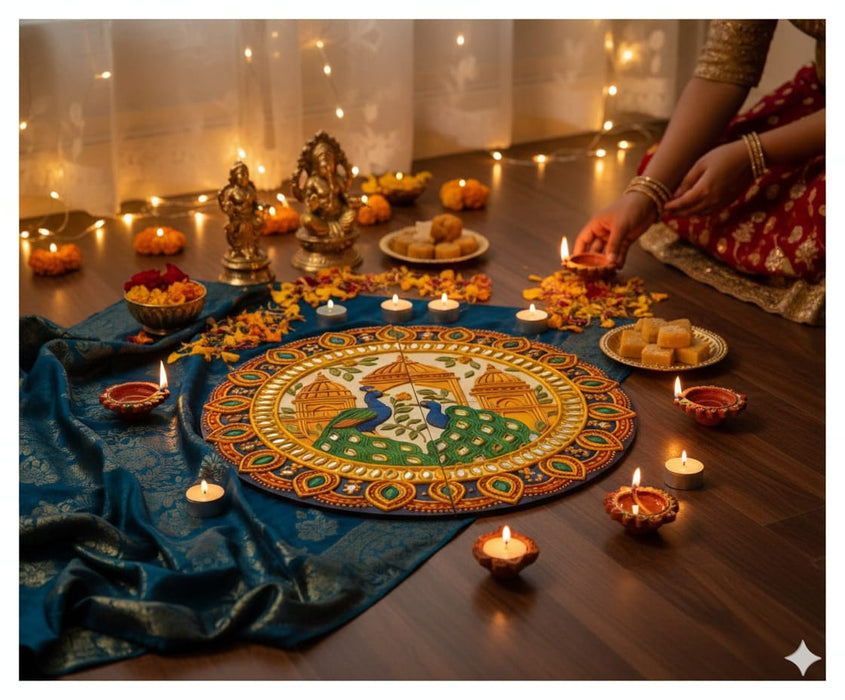NO LED CANDLES India’s First 3D DIY Rangoli Kit with Mirror Design  | 17 Inch(Palace Peacock)