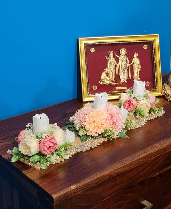 Artificial Flower Center Table Runner Candle Holders with LED candle for Center Table Decor, LED Tealight Candle with Artificial Floral Arrangement, Home Decoration, Housewarming, Wedding, and Festive Decor