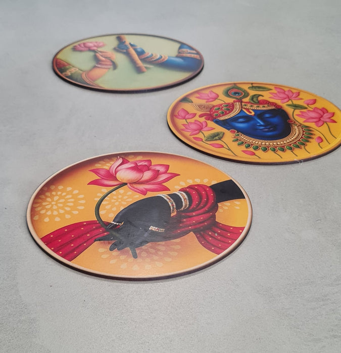 3 Pcs Krishna Theme Wall Décor  Plate Set (8 Inch, 3mm MDF) | DIY Kit with Abhla & Glue | Home, Pooja Room & Diwali Decoration, Gifting