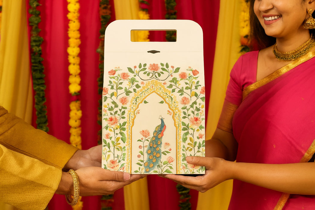 5 Pcs Shahi Dibba Foldable Peacock Hamper Boxes with Ribbon | Premium Gift Packaging for Diwali, Weddings & Special Occasions
