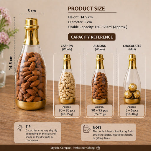 Big Size Golden Acrylic  Champagne Design Plastic Gifting Bottles Batli  (14.5 cm) | Perfect for Return Gifts, Chocolates, Dry Fruits & Invitations baatli, Bottle