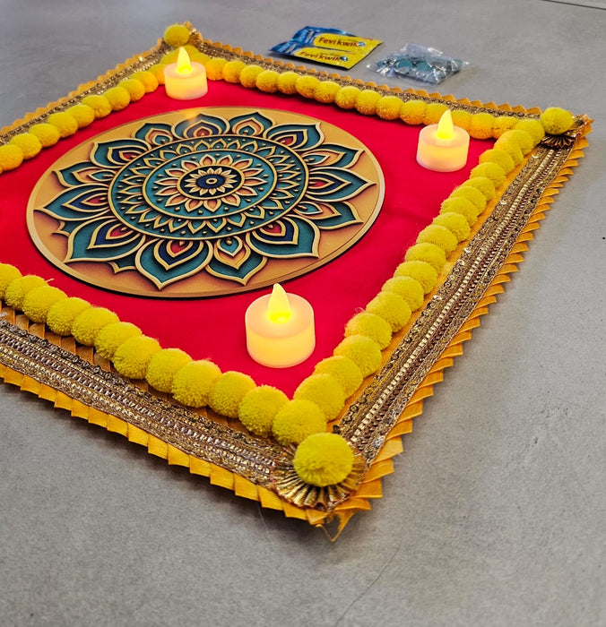 3D Mat Mandala Velvet  Rangoli with DIY Mirror Kit & 4 Free LED Candles – Festival Home Décor