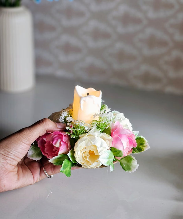 2 Pcs Artificial Flower Center Table Candle Holders with LED candle for Center Table Decor, LED Tealight Candle with Artificial Floral Arrangement, Home Decoration, Housewarming, Wedding, and Festive Decor(5 Inch)