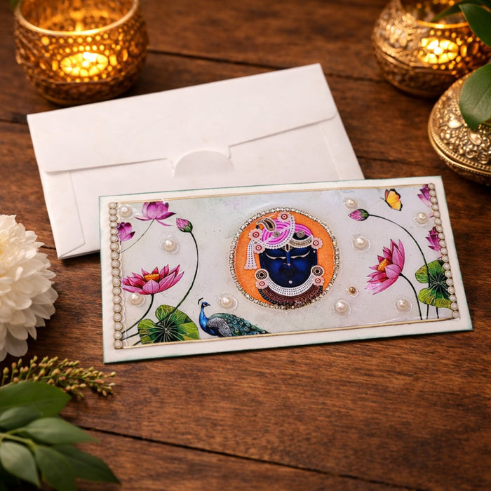 2 PCS Premium Decorative Resin Envelope/Money envelope with Krishna/shreensthji  & Elephant Design – Wedding Shagun Cash Gift Envelope (7.5×4 Inch)