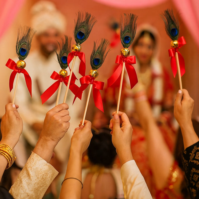 12 pcs Handcrafted Wedding Ghungroo Bell Stick With Morpankh for Home Mandir Décor, Marriage gungroo,Shadi -Sagai, Engagment,bride entry, aarti,Magal Phera bell, Barati Swagat, Varmala,christmas bell Stick, pooja, puja mandir, gantri, Temple ganti