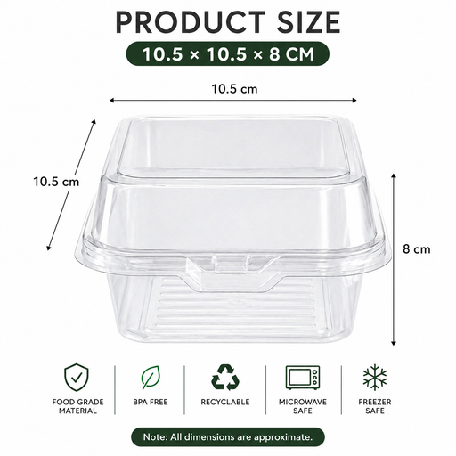 Premium Transparent  Box (10.5x10.5x8 cm ) | Transparent Dessert Packaging Box for Tiramisu, Burger ,Bento Cakes & Bakery Items