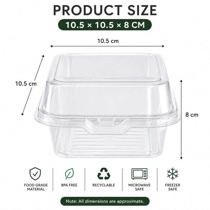 Premium Transparent  Box (10.5x10.5x8 cm ) | Transparent Dessert Packaging Box for Tiramisu, Burger ,Bento Cakes & Bakery Items