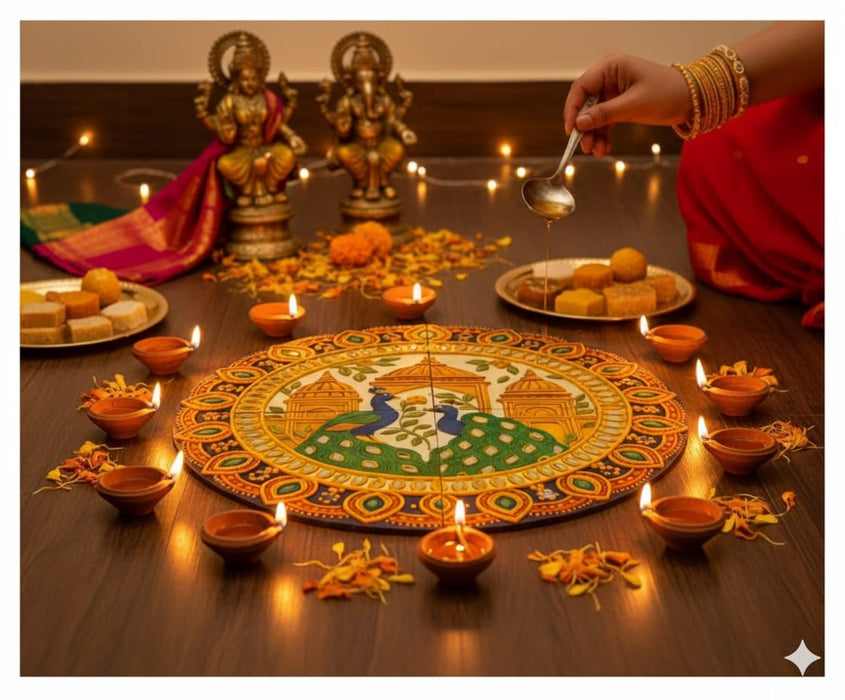 NO LED CANDLES India’s First 3D DIY Rangoli Kit with Mirror Design  | 17 Inch(Palace Peacock)