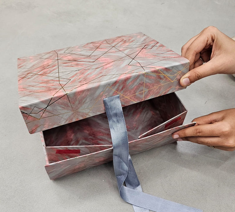 2 Pcs (26 x 21 x 11 cm) Multipurpose Decorative Folding Paper Cardboard/Rigid Box with satin ribbon,DIY Box for Gift Hamper,Valentine Gifting,Wedding gifing.