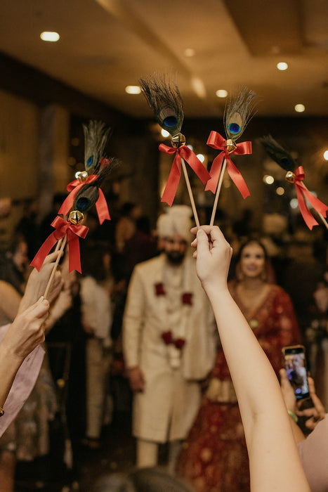 12 pcs Handcrafted Wedding Ghungroo Bell Stick With Morpankh for Home Mandir Décor, Marriage gungroo,Shadi -Sagai, Engagment,bride entry, aarti,Magal Phera bell, Barati Swagat, Varmala,christmas bell Stick, pooja, puja mandir, gantri, Temple ganti