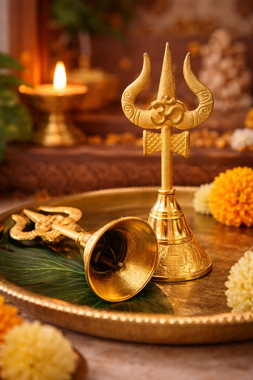 Premium Trishul Design Pooja Bell (Gantdi) – 5.5 Inch | Golden Finish Temple Bell for Pooja, Aarti & Gifting