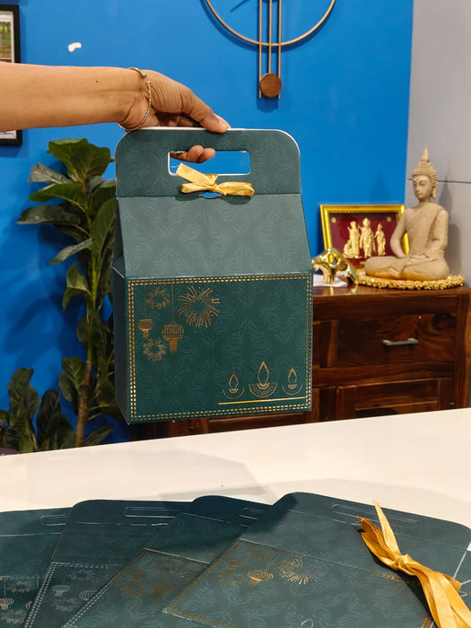 5 Pcs Bottle Green Diwali Hamper Boxes with Golden Embossed Print | Perfect for Diwali, Wedding & Party Gifting