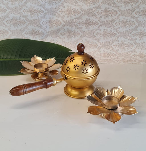 Combo Set of Dhoop Dani with Metal Lotus | Pooja, Home Purifying, Loban & Incense Burner, Diwali Décor