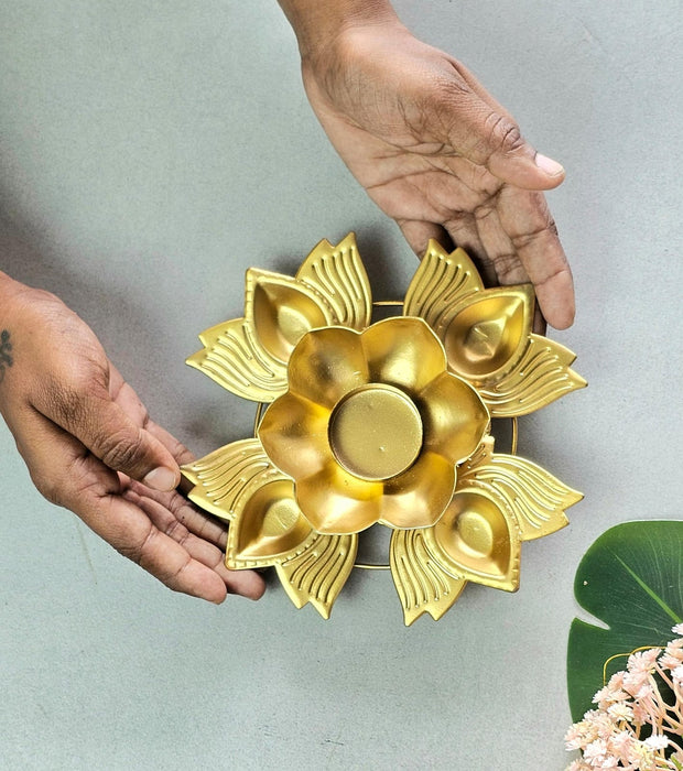 4 lotus matel diya Round Gold Polish Decorative Urli Bowl for Home Decor,Mandir Decor, Floating Flowers,Candles Diya holder, Office,Table Decor, Entrance Decoration Item (Pack of 2) (Golden)