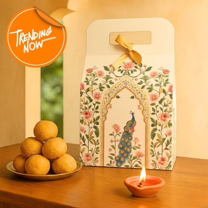 5 Pcs Shahi Dibba Foldable Peacock Hamper Boxes with Ribbon | Premium Gift Packaging for Diwali, Weddings & Special Occasions