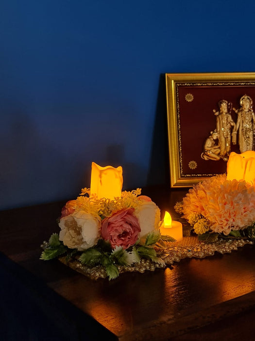 Artificial Flower Center Table Runner Candle Holders with LED candle for Center Table Decor, LED Tealight Candle with Artificial Floral Arrangement, Home Decoration, Housewarming, Wedding, and Festive Decor