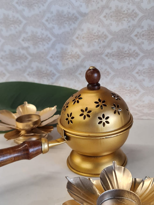 Combo Set of Dhoop Dani with Metal Lotus | Pooja, Home Purifying, Loban & Incense Burner, Diwali Décor
