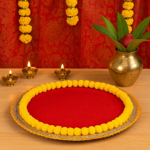 2 Pcs Decorative Red Velvet Mat/Rumali Mat with Pom Pom Border & Golden Lace for Ganpati Decoration, Durga Pooja Setup for Home, Decoration Item, Pooja, Mandir and Festival Decor