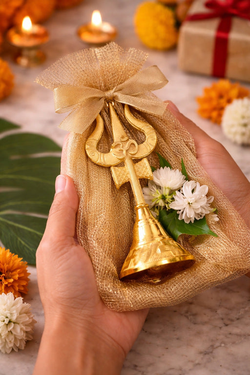 Premium Trishul Design Pooja Bell (Gantdi) – 5.5 Inch | Golden Finish Temple Bell for Pooja, Aarti & Gifting