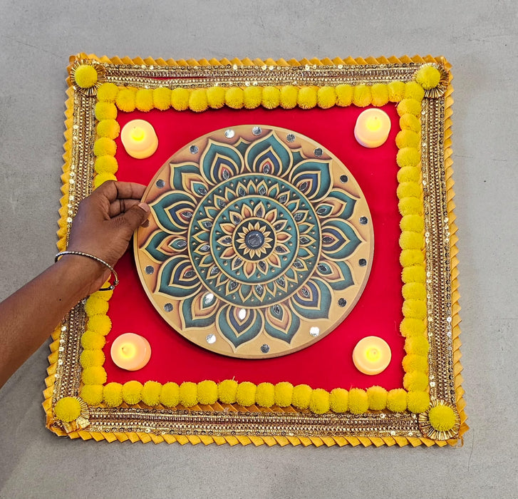 3D Mat Mandala Velvet  Rangoli with DIY Mirror Kit & 4 Free LED Candles – Festival Home Décor