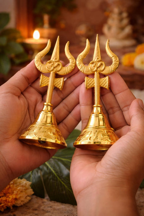 Premium Trishul Design Pooja Bell (Gantdi) – 5.5 Inch | Golden Finish Temple Bell for Pooja, Aarti & Gifting