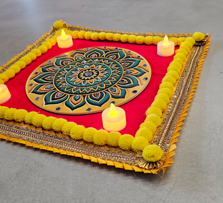 3D Mat Mandala Velvet  Rangoli with DIY Mirror Kit & 4 Free LED Candles – Festival Home Décor