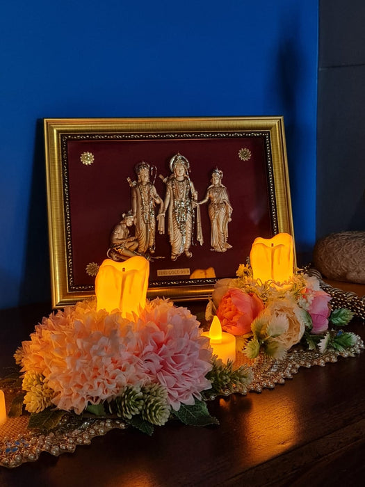 Artificial Flower Center Table Runner Candle Holders with LED candle for Center Table Decor, LED Tealight Candle with Artificial Floral Arrangement, Home Decoration, Housewarming, Wedding, and Festive Decor