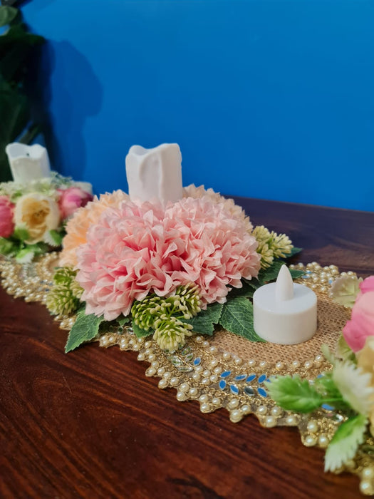 Artificial Flower Center Table Runner Candle Holders with LED candle for Center Table Decor, LED Tealight Candle with Artificial Floral Arrangement, Home Decoration, Housewarming, Wedding, and Festive Decor