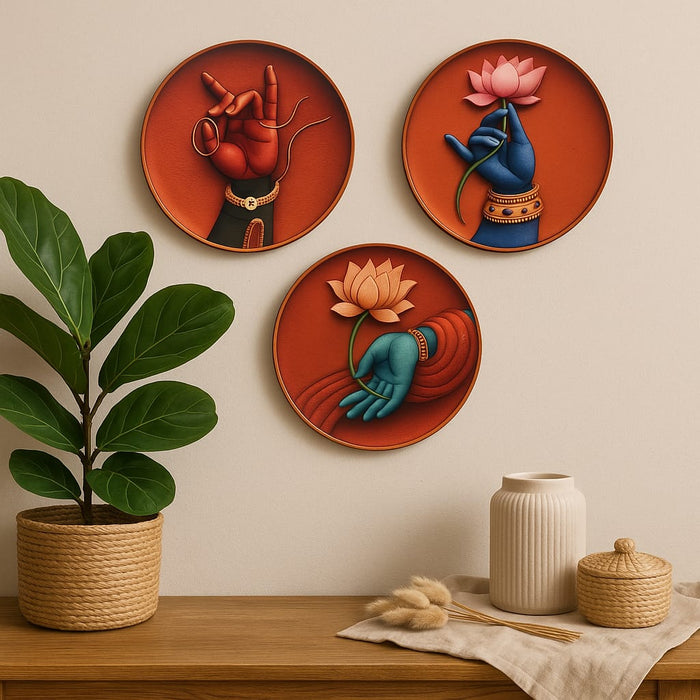3 Pcs Terracotta Theme Wall Décor Plate Set | DIY Kit with Abhla & Glue | Home, Pooja Room & Diwali Decoration, Gifting