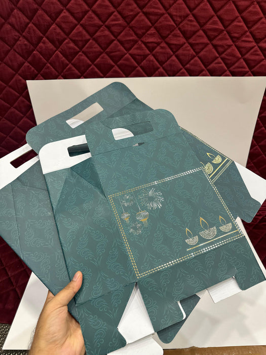 5 Pcs Bottle Green Diwali Hamper Boxes with Golden Embossed Print | Perfect for Diwali, Wedding & Party Gifting
