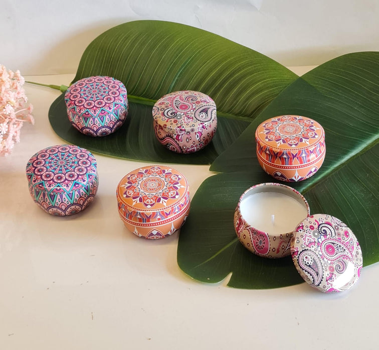 Tin Can Round Shape Aroma Scented Soy Wax Candle Gift Perfect for Candlelight Dinner, Home Decoration, Aroma Fragrance (Random Color, Pack of 6)