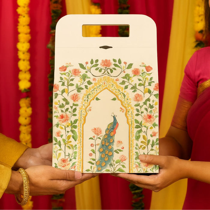 5 Pcs Shahi Dibba Foldable Peacock Hamper Boxes with Ribbon | Premium Gift Packaging for Diwali, Weddings & Special Occasions