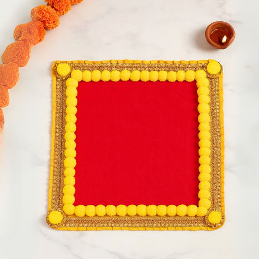 2 Pcs Decorative Red Velvet Mat/Rumali Mat with Pom Pom Border & Golden Lace for Ganpati Decoration, Durga Pooja Setup for Home, Decoration Item, Pooja, Mandir and Festival Decor