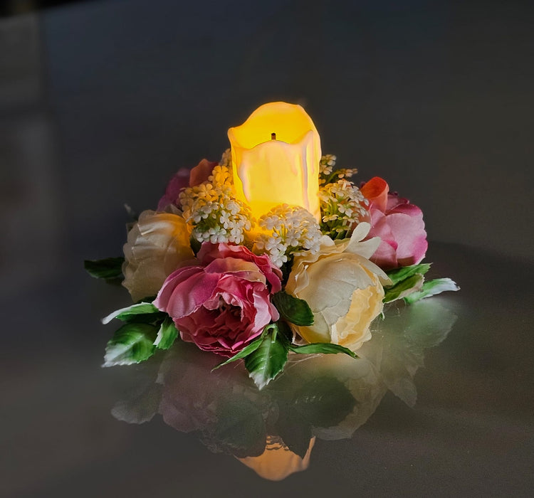 2 Pcs Artificial Flower Center Table Candle Holders with LED candle for Center Table Decor, LED Tealight Candle with Artificial Floral Arrangement, Home Decoration, Housewarming, Wedding, and Festive Decor(5 Inch)