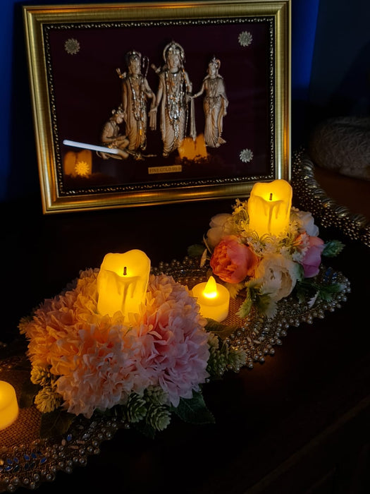 Artificial Flower Center Table Runner Candle Holders with LED candle for Center Table Decor, LED Tealight Candle with Artificial Floral Arrangement, Home Decoration, Housewarming, Wedding, and Festive Decor