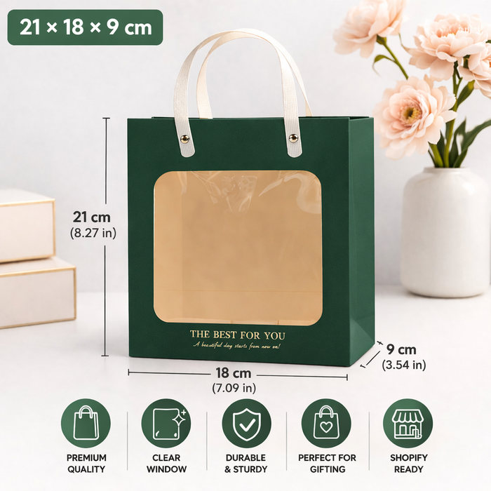 Luxury Transparent Window Gift Bag | Portable Paper Gift Bag for Birthday, Wedding, Return Gifts & Hampers | Premium Handle Bag (Medium)