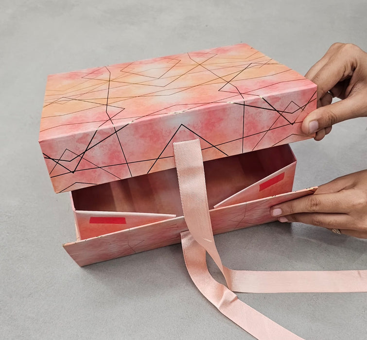 2 Pcs (26 x 21 x 11 cm) Multipurpose Decorative Folding Paper Cardboard/Rigid Box with satin ribbon,DIY Box for Gift Hamper,Valentine Gifting,Wedding gifing.