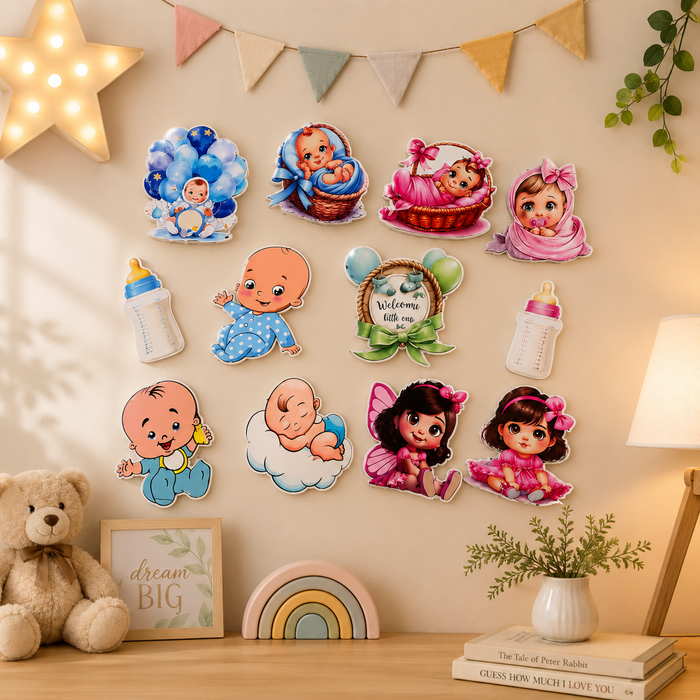 6 Pcs Baby Shower Cutout Set | Baby Boy & Baby Girl Theme Cutouts | Cake Topper & Party Decoration Kit (size 13 cm to 15 cm )
