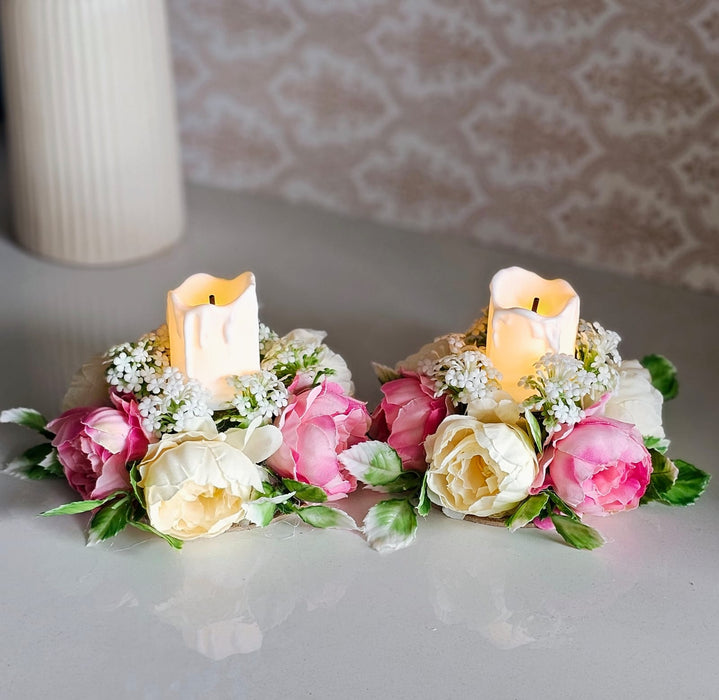 2 Pcs Artificial Flower Center Table Candle Holders with LED candle for Center Table Decor, LED Tealight Candle with Artificial Floral Arrangement, Home Decoration, Housewarming, Wedding, and Festive Decor(5 Inch)