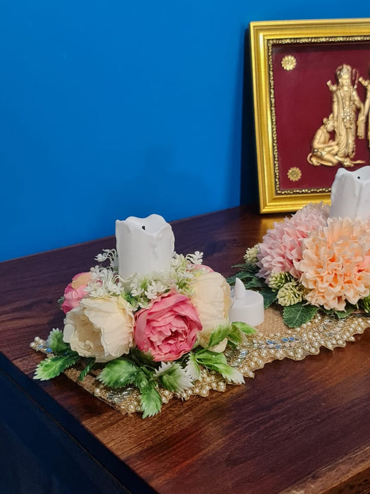 Artificial Flower Center Table Runner Candle Holders with LED candle for Center Table Decor, LED Tealight Candle with Artificial Floral Arrangement, Home Decoration, Housewarming, Wedding, and Festive Decor
