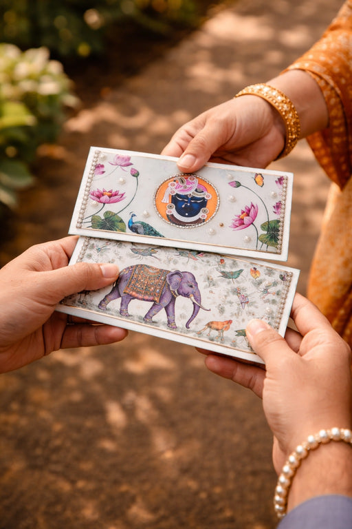 2 PCS Premium Decorative Resin Envelope/Money envelope with Krishna/shreensthji  & Elephant Design – Wedding Shagun Cash Gift Envelope (7.5×4 Inch)