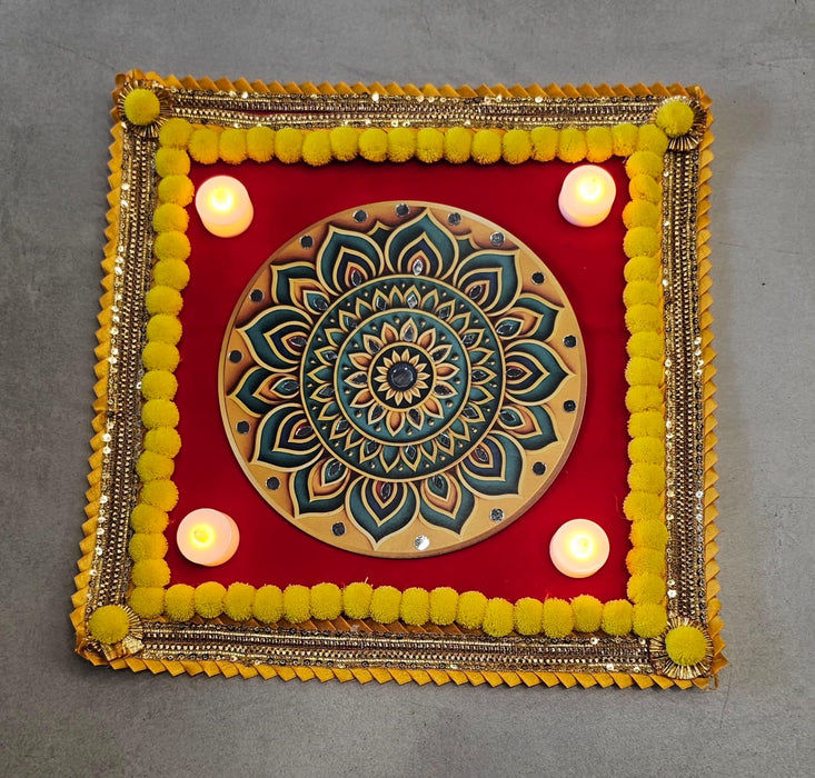 3D Mat Mandala Velvet  Rangoli with DIY Mirror Kit & 4 Free LED Candles – Festival Home Décor