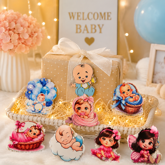 6 Pcs Baby Shower Cutout Set | Baby Boy & Baby Girl Theme Cutouts | Cake Topper & Party Decoration Kit (size 13 cm to 15 cm )
