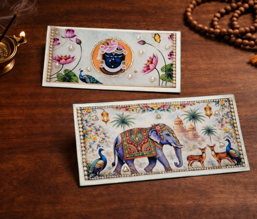 2 PCS Premium Decorative Resin Envelope/Money envelope with Krishna/shreensthji  & Elephant Design – Wedding Shagun Cash Gift Envelope (7.5×4 Inch)