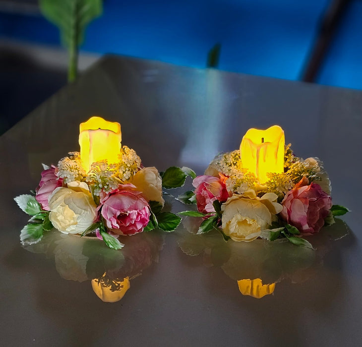 2 Pcs Artificial Flower Center Table Candle Holders with LED candle for Center Table Decor, LED Tealight Candle with Artificial Floral Arrangement, Home Decoration, Housewarming, Wedding, and Festive Decor(5 Inch)