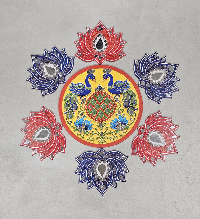 Peacock & Lotus Rangoli DIY Kit with Abhla & Glue total 16 inch after making