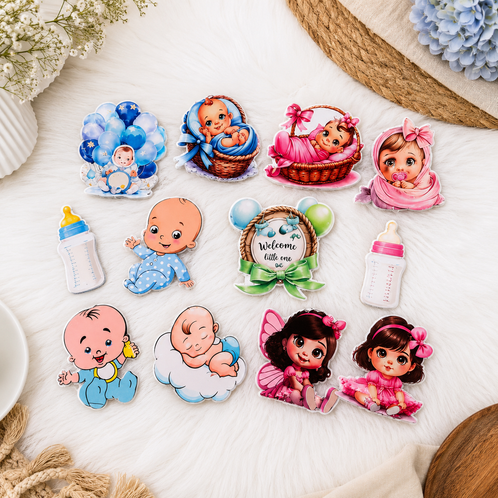 12 Pcs Baby Shower MDF Cutout 5-6 Inch Mix Design Set (Blue & Pink) | Baby Boy & Girl Hamper Decoration | DIY Welcome Baby Party Decor