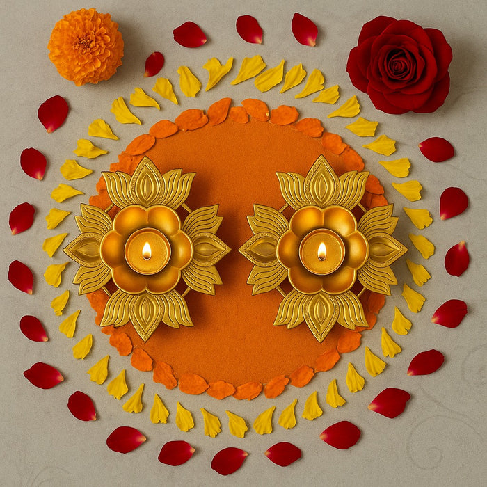 4 lotus matel diya Round Gold Polish Decorative Urli Bowl for Home Decor,Mandir Decor, Floating Flowers,Candles Diya holder, Office,Table Decor, Entrance Decoration Item (Pack of 2) (Golden)