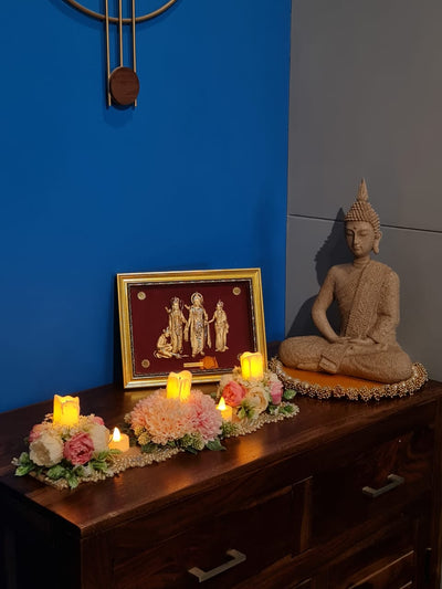 Artificial Flower Center Table Runner Candle Holders with LED candle for Center Table Decor, LED Tealight Candle with Artificial Floral Arrangement, Home Decoration, Housewarming, Wedding, and Festive Decor