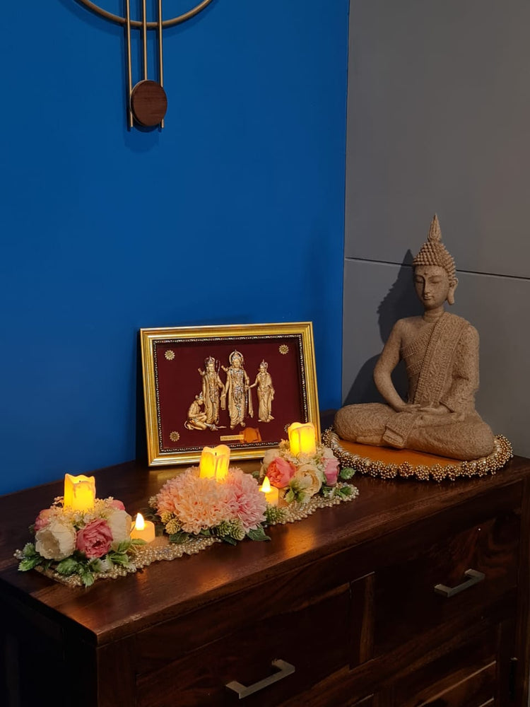 Artificial Flower Center Table Runner Candle Holders with LED candle for Center Table Decor, LED Tealight Candle with Artificial Floral Arrangement, Home Decoration, Housewarming, Wedding, and Festive Decor